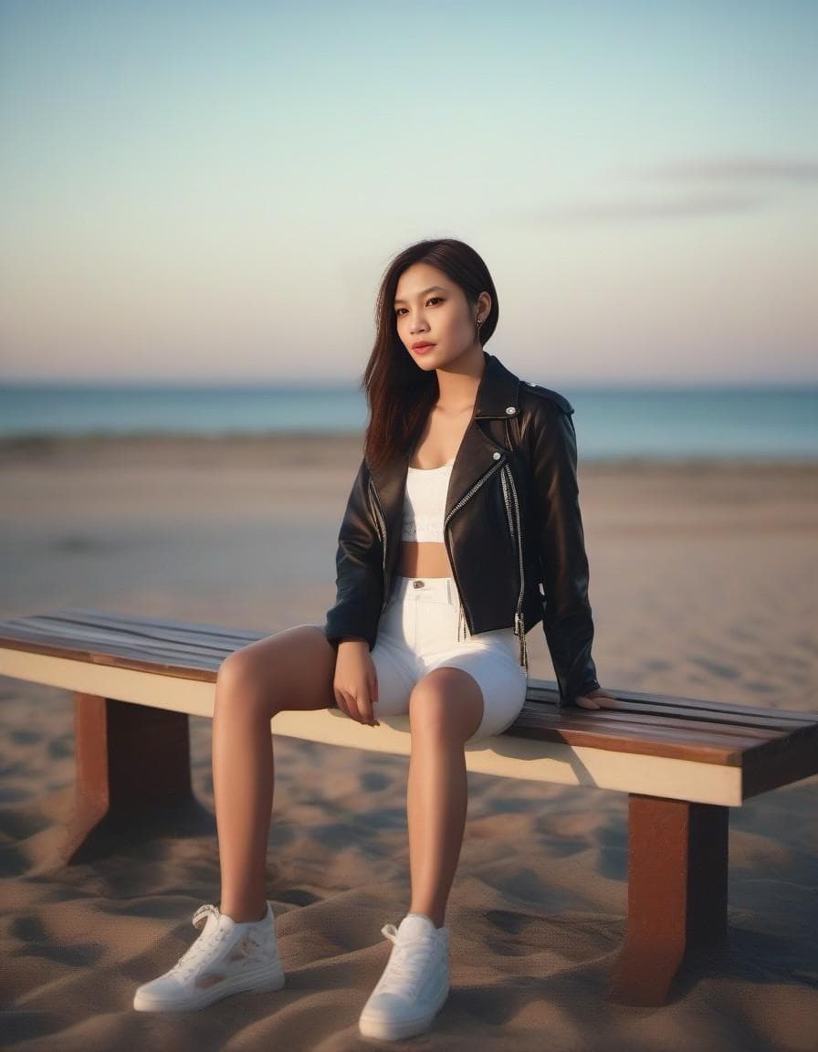 AI generated: hyper realistic photograph, leather jacket, braided white hair, sad eyes, model pose, freckles, full...