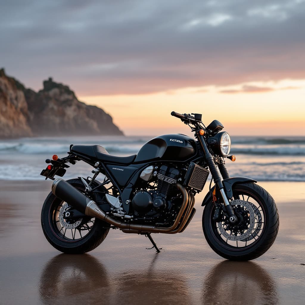 AI generated: photo ultra réaliste d'une moto honda cbf500 noire avec la fourche dorée,modèle 2023. la moto est su...