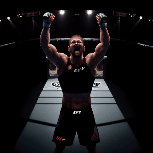 AI generated: Male UFC fighter, standing in the octagon, bottom view, screaming with joy of victory, sweaty, expre...