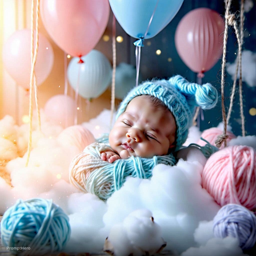 AI generated: create a image of a newborn in a super padded pink and blue crib with balloons around it with soft g...