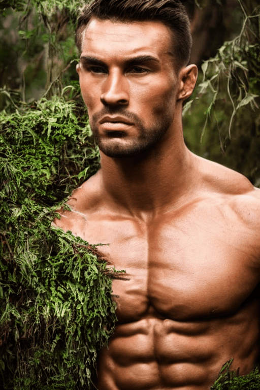 AI generated: close up, portrait of a muscular man, chiseled features, mythological, god of nature, defined muscle...