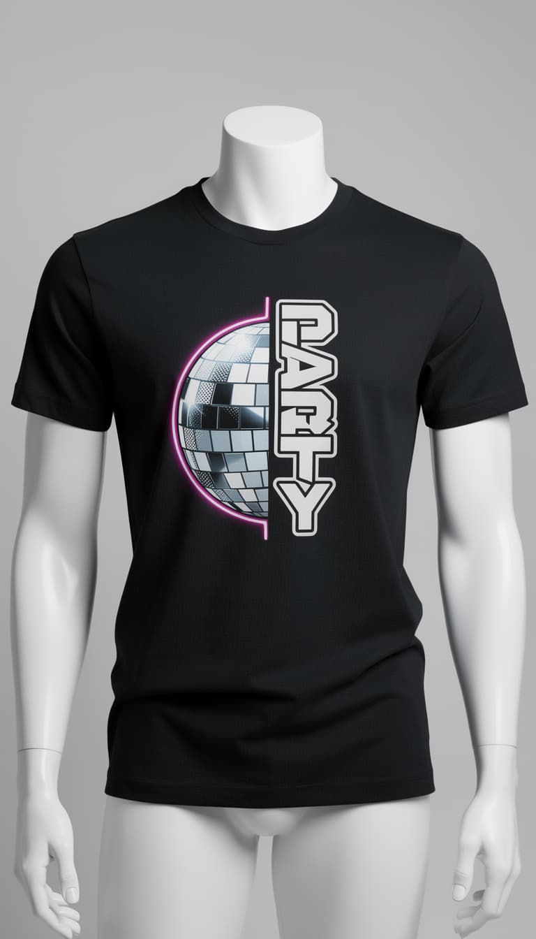 AI generated: Photorealistic studio product mockup, front view realistic mannequin wearing plain black t-shirt, ne...