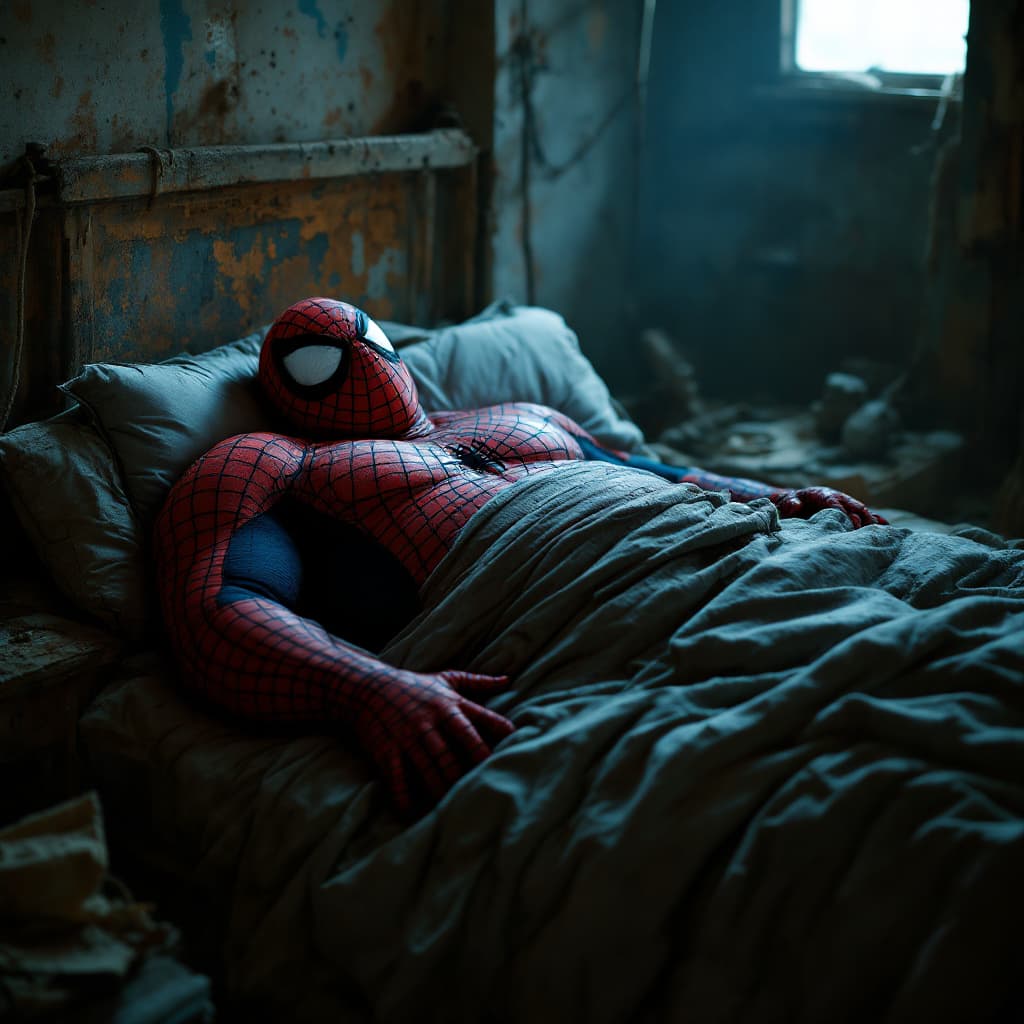 AI generated: wide shot of a zumo fighter  dressed , 
fat spiderman,sketchy outfit, in a warehouse, sleeping in a ...