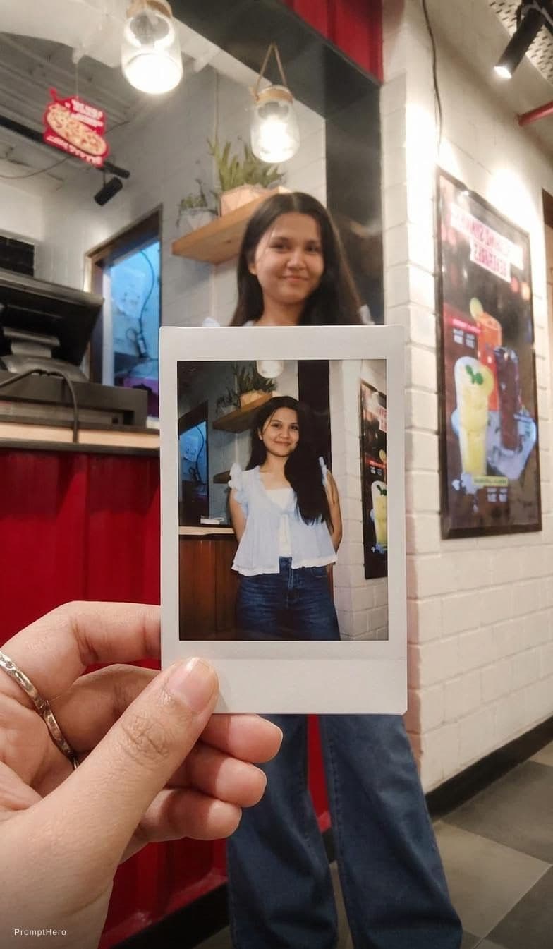 AI generated: A photo of a polaroid picture in the hand of a woman that shows a beautiful, smiling Korean woman wi...