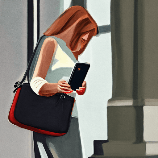 AI generated: a woman showing a bag in front of a smartphone, clean image, jil sanders
