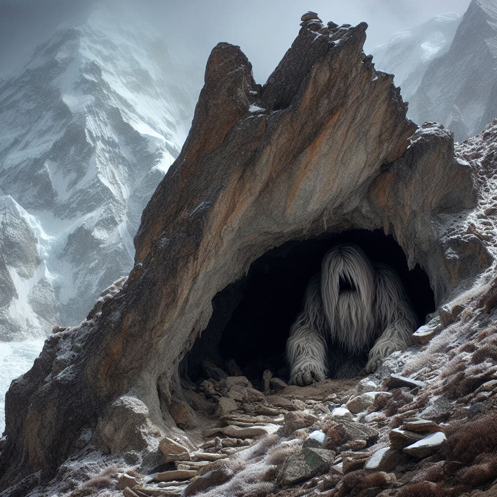 AI generated: a Yeti hiding in a cave at Nanga Parbat, In the distance, clueless mountaineers pass by, unwaringly