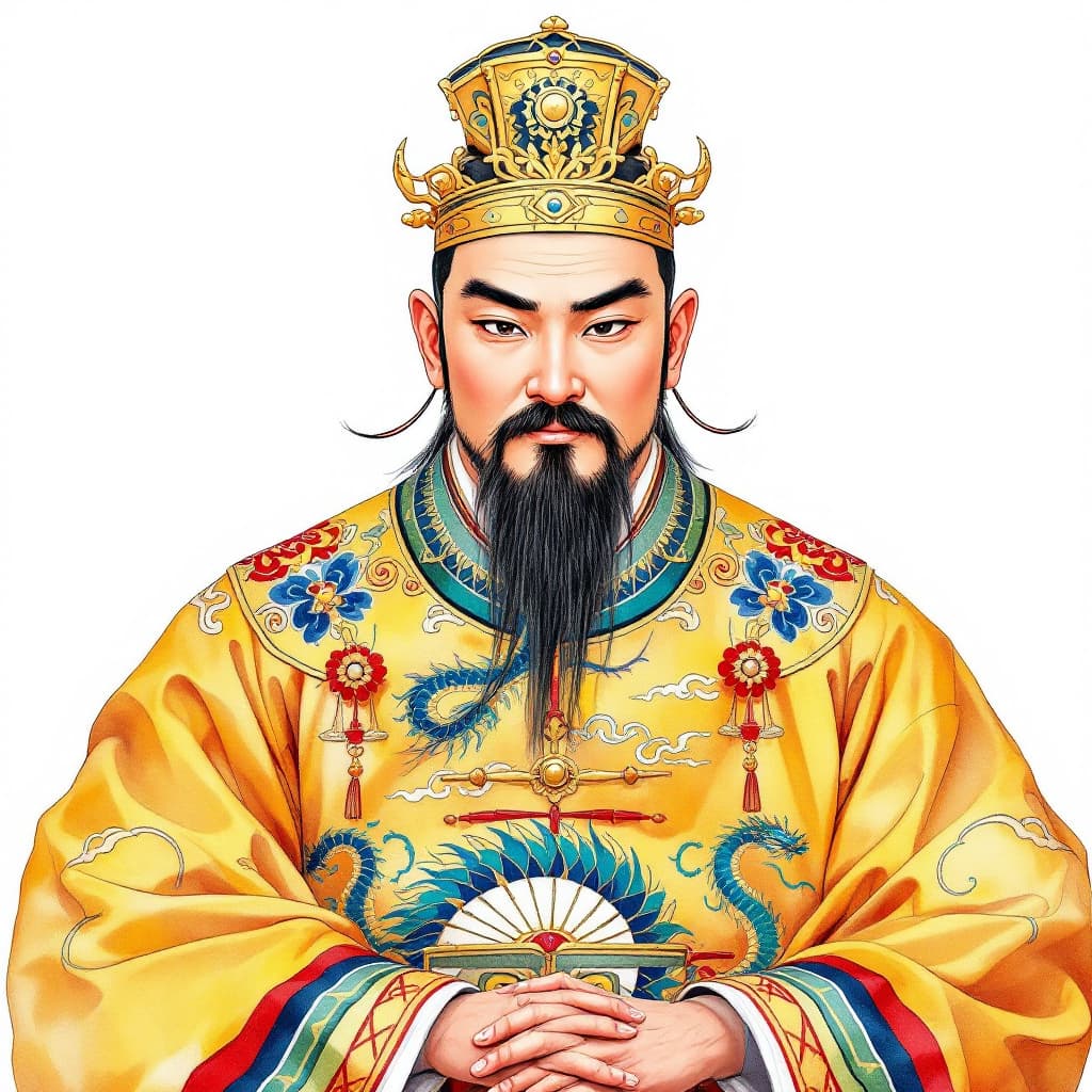 AI generated: The Yellow Emperor, a Chinese male, has a round face, as if his face is slightly red after drinking ...