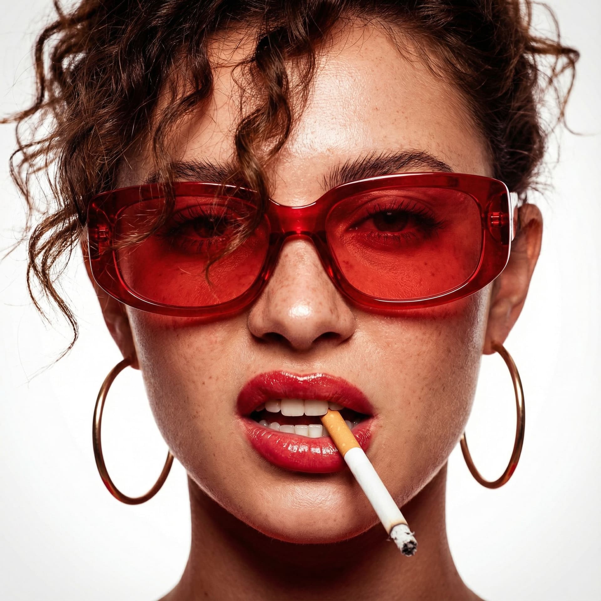 AI generated: {
  "subject": {
    "gender": "female",
    "pose": "extreme close-up of face, lips parted biting c...