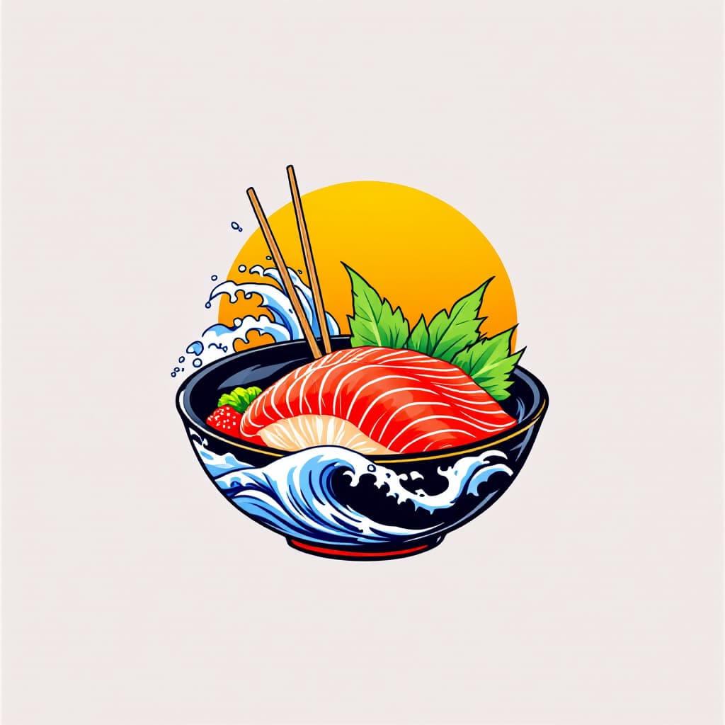 AI generated: Japanese style logo of a sushi restaurant, a sashimi bowl with blue waves --s 50
