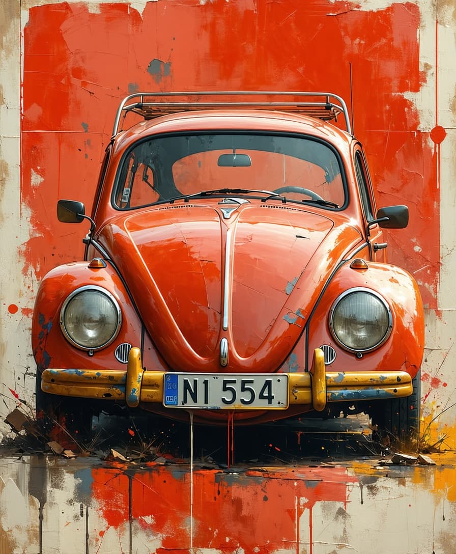 AI generated: vw beetle vintage poster,in the style of rustic simplicity,gritty reportage,kombuchapunk,rusty debri...