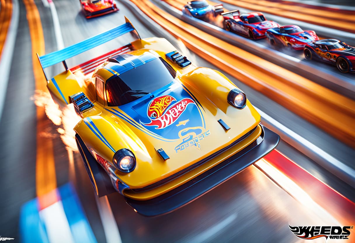 AI generated: cinematic CG 8k wallpaper, action scene from Hot Wheels tabletop racing game, bogus room environment...