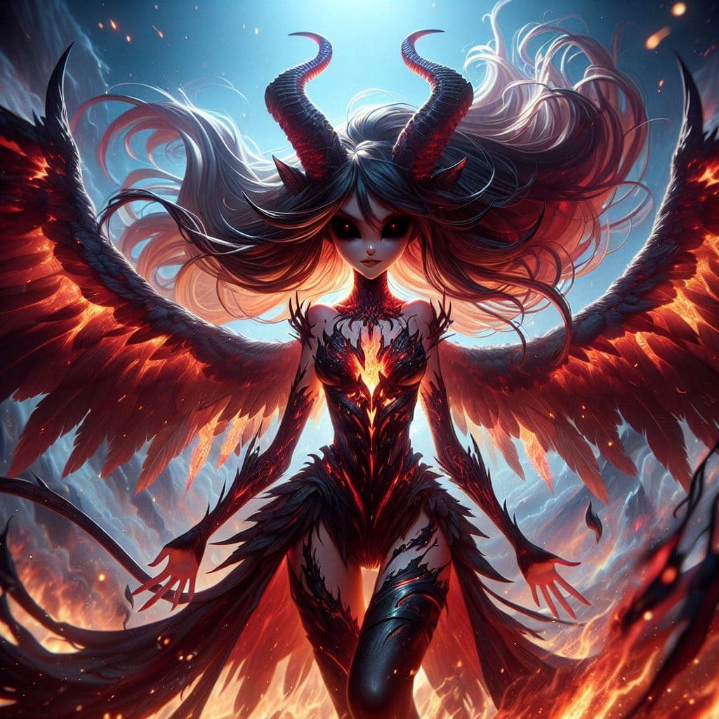 AI generated: digital art, disney-pixar style, wide angle, highly detailed, astonishling gorgeous fallen angel gir...