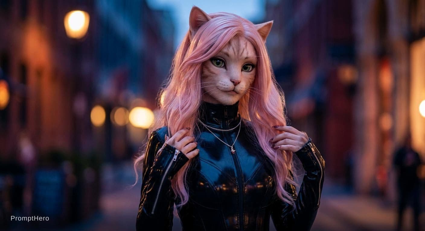AI generated: beautiful cat human-like, she is dressed in a black latex outfit, she have beautiful light pink hair