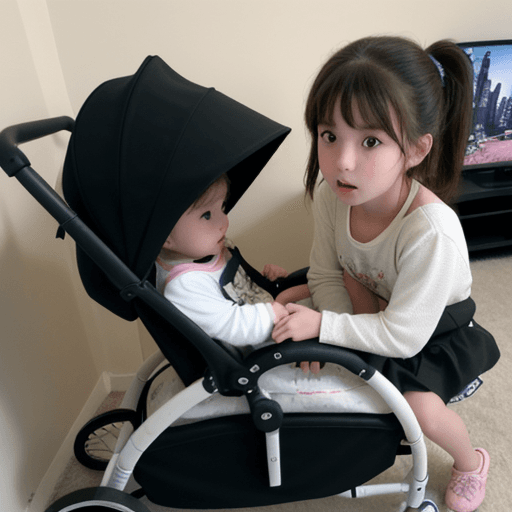 AI generated: A girl wakes up to find her little brother in the stroller watching TV