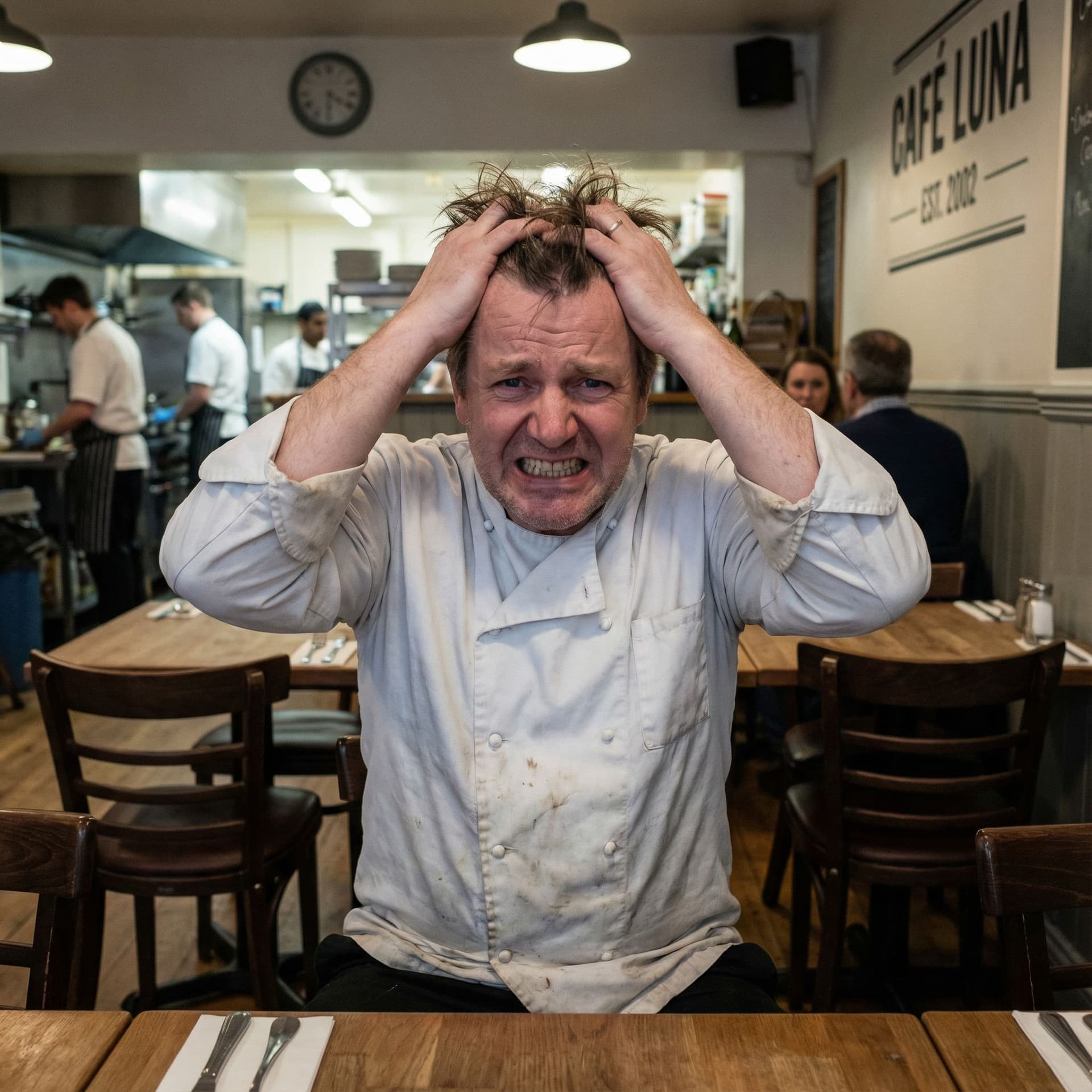 AI generated: Business owner panicking with hands in hair in his restaurant and showing teeth, sitting at a table
