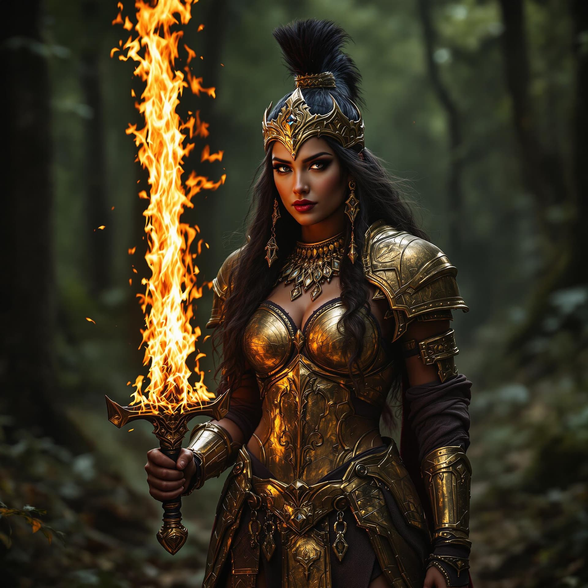 AI generated: a beautiful Indian woman, dressed in medieval warrior costume, golden metal armor, in the middle of ...