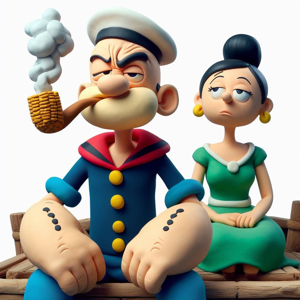 AI generated: Full body view, grumpy Popeye the sailor squinting one eye shut, anchor tattoo, smokes corn-cob pipe...