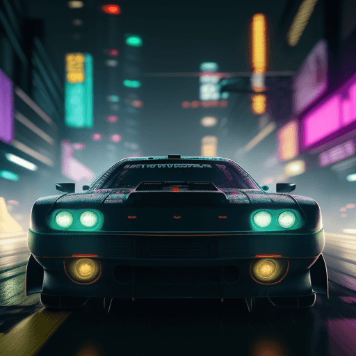 AI generated: A car from the Movie 'Fast and the Furious' racing down the street of a Cyberpunk City at night, mot...