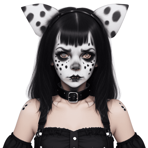 AI generated: Gothic girl dressed as with dalmatian face paint which is smeared, ears and a dog collar. Looking fu...