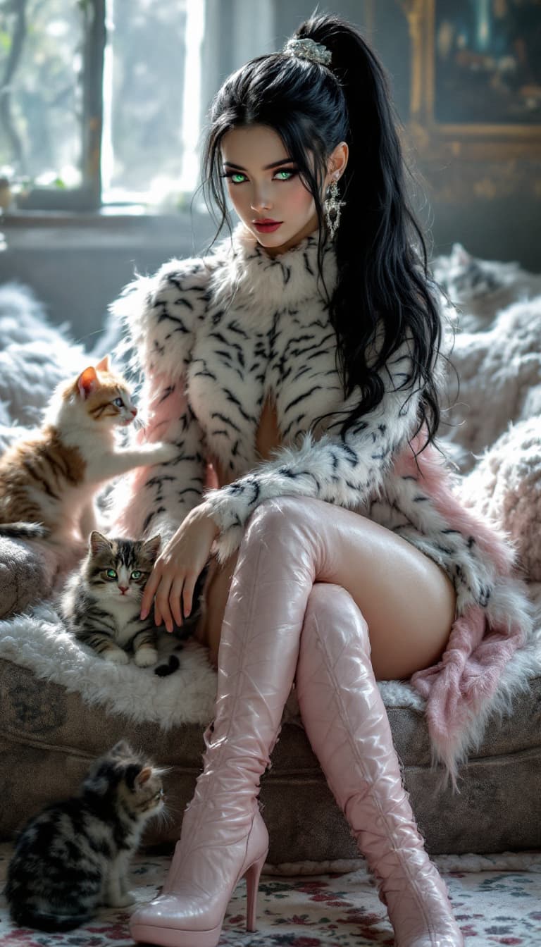 AI generated: Evergarden, full body open furry costume with feet, girl with kittens and ponytail, tiger eyes, extr...