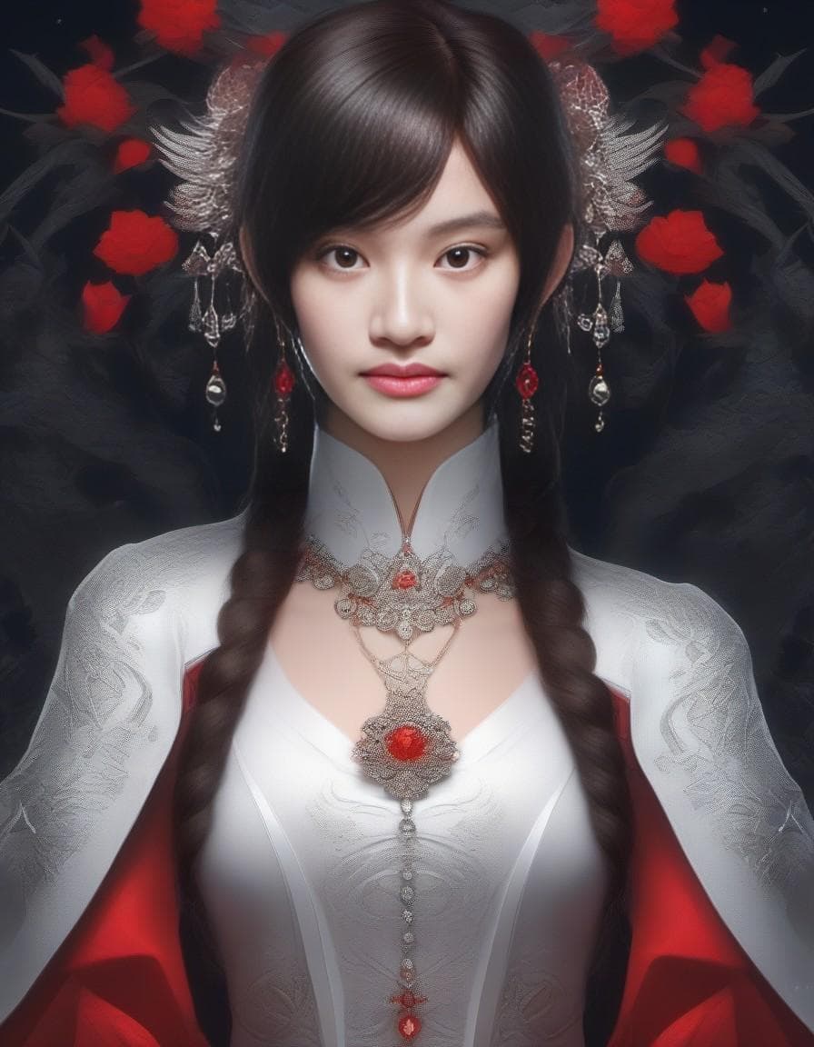 AI generated: portrait of a pretty woman in fantasy world, elegant, lovely, dark silver and red, realistic attenti...