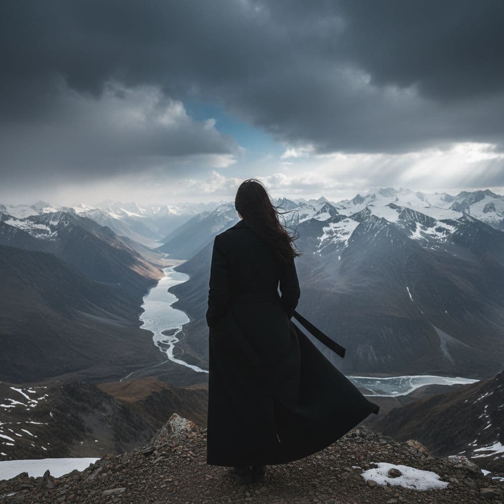 AI generated: change de scenario, put her a black coat on the mountains