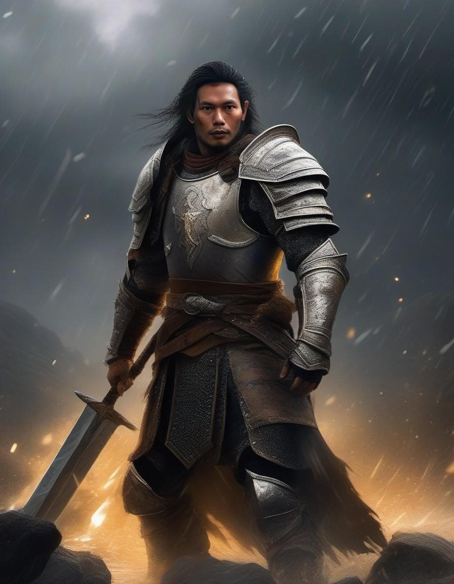AI generated: Amidst the chaos of a rain-soaked battlefield, Alaric, a battle-hardened dwarven knight, stands reso...