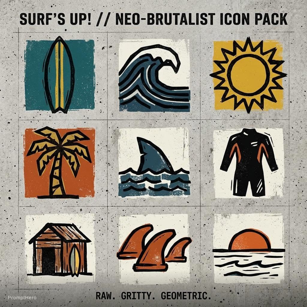AI generated: Neo brutalist surf-themed icon pack for in a neo-brutalis