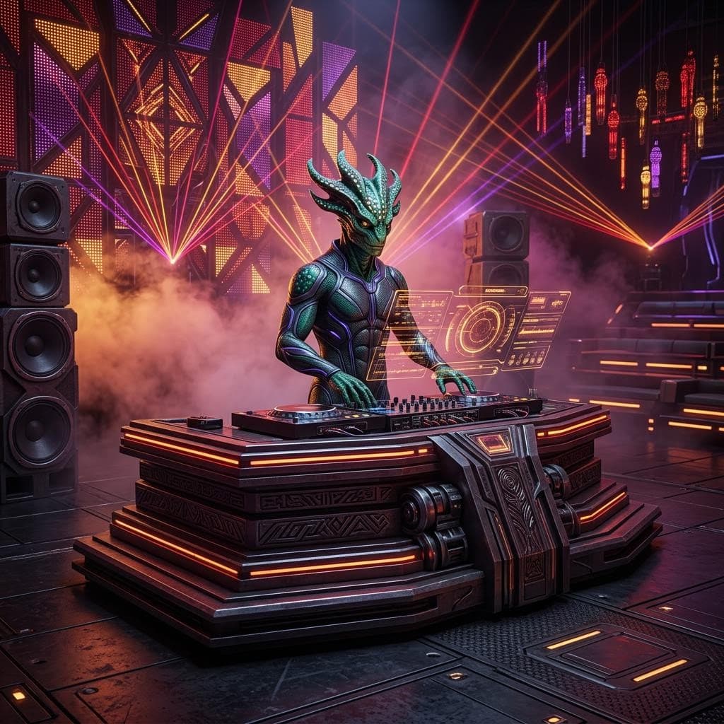 AI generated: Futuristic TAGG DJ command booth inside alien nightclub, massive elevated armored metallic platform ...