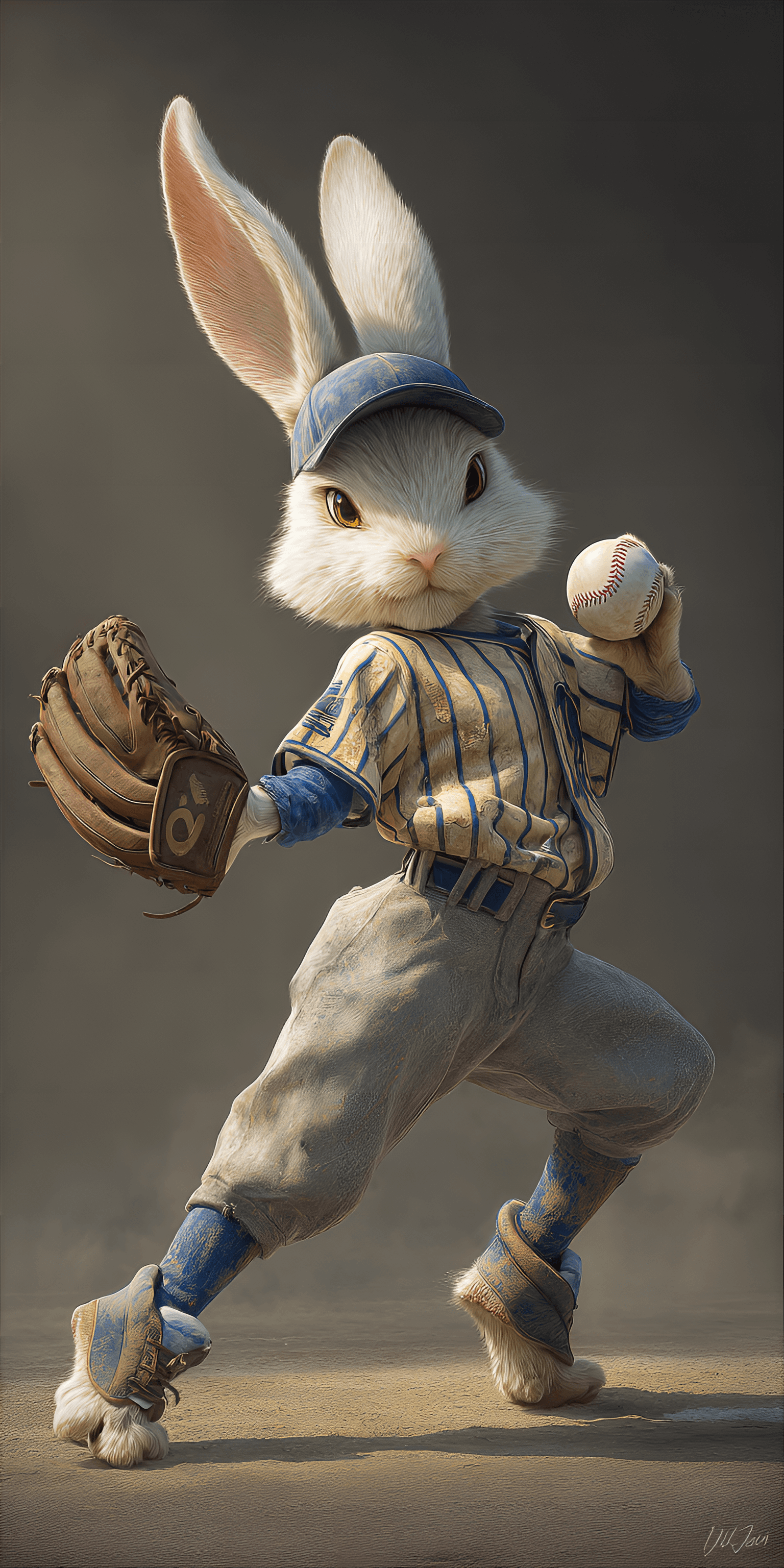 AI generated: anthropomorphic rabbit, centered in the image, is depicted in a digital art style. The rabbit, with ...