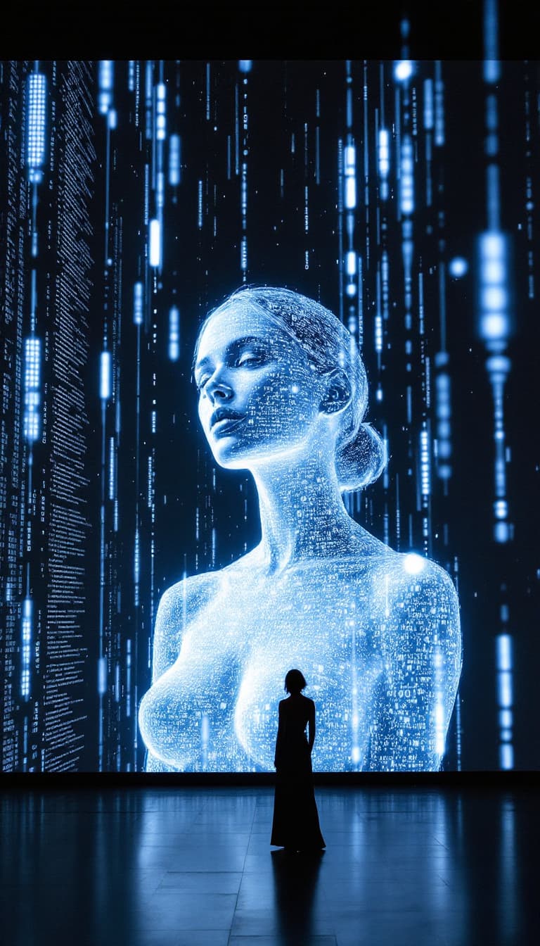AI generated: (23) A large-scale projection artwork, influenced by the immersive light shows of teamLab, depicts a...