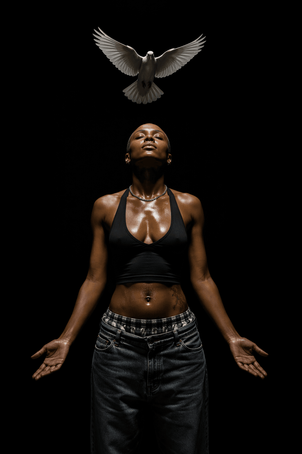 AI generated: A mid-torso portrait of a female subject standing against a pitch-black void, illuminated by a drama...