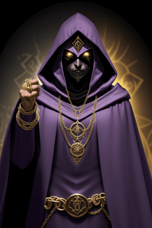 AI generated: Shadow wizard money gang, in purple cloak hood, dark face, gold chains and jewellery