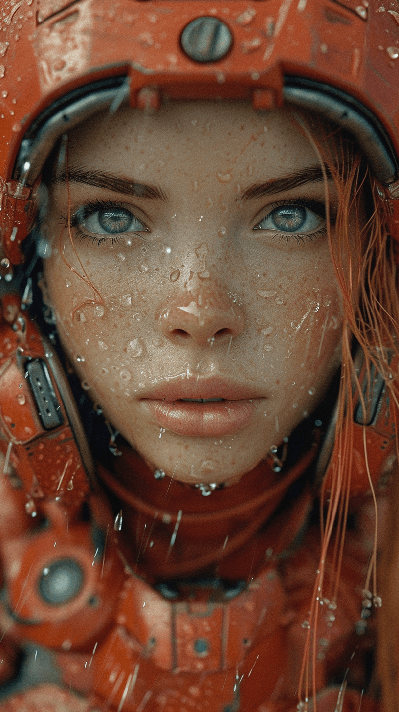 AI generated: young girl with a red robot suit standing in the rain, in the style of detailed hyperrealism, skotti...