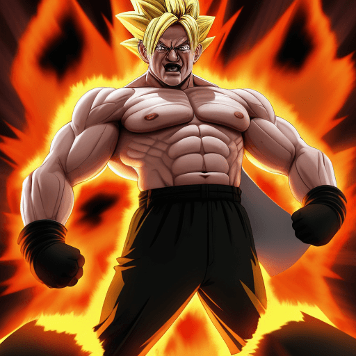 AI generated: hitler in super saiyan form , muscle , strong , hitler , high resolution , anime , good quality , 8k