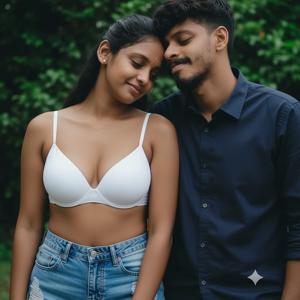 AI generated: wearing everyday use normal Indian type white bra and denim boy shorts. same pose, same place. make ...