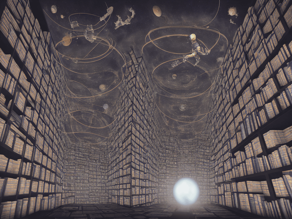AI generated: astronaut staring up into the infinite celestial library, endless books, flying books, starry, subli...