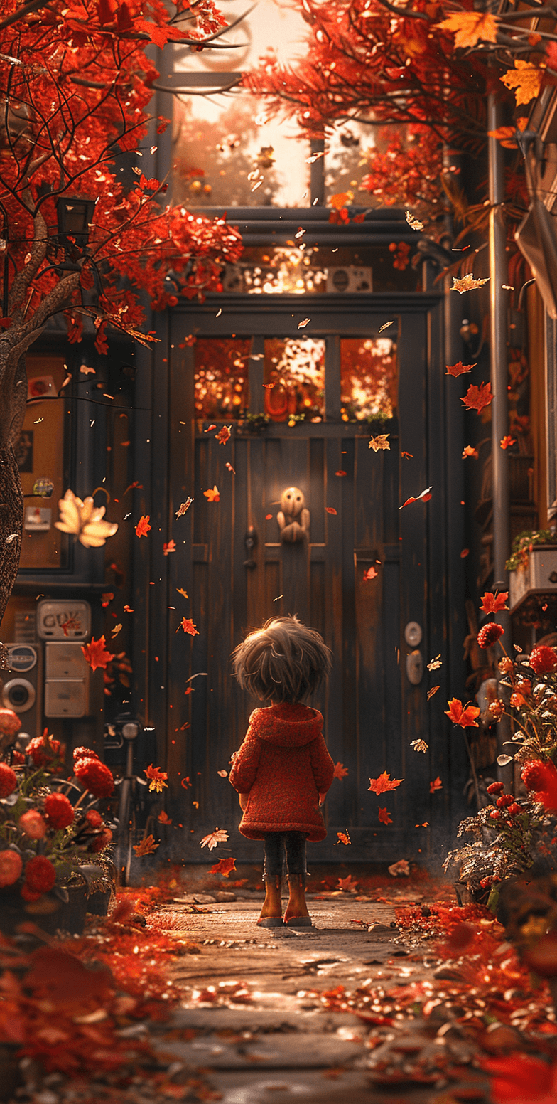 AI generated: A little girl with short hair and wearing a red wool coat stands in front of a door, with autumn lea...