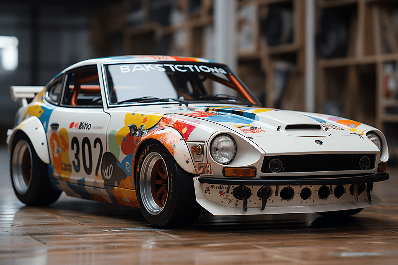 AI generated: Create a toy Dutsun 240Z 1976, white color, in the style of Takashi Murakami, cinematic lighting, sh...