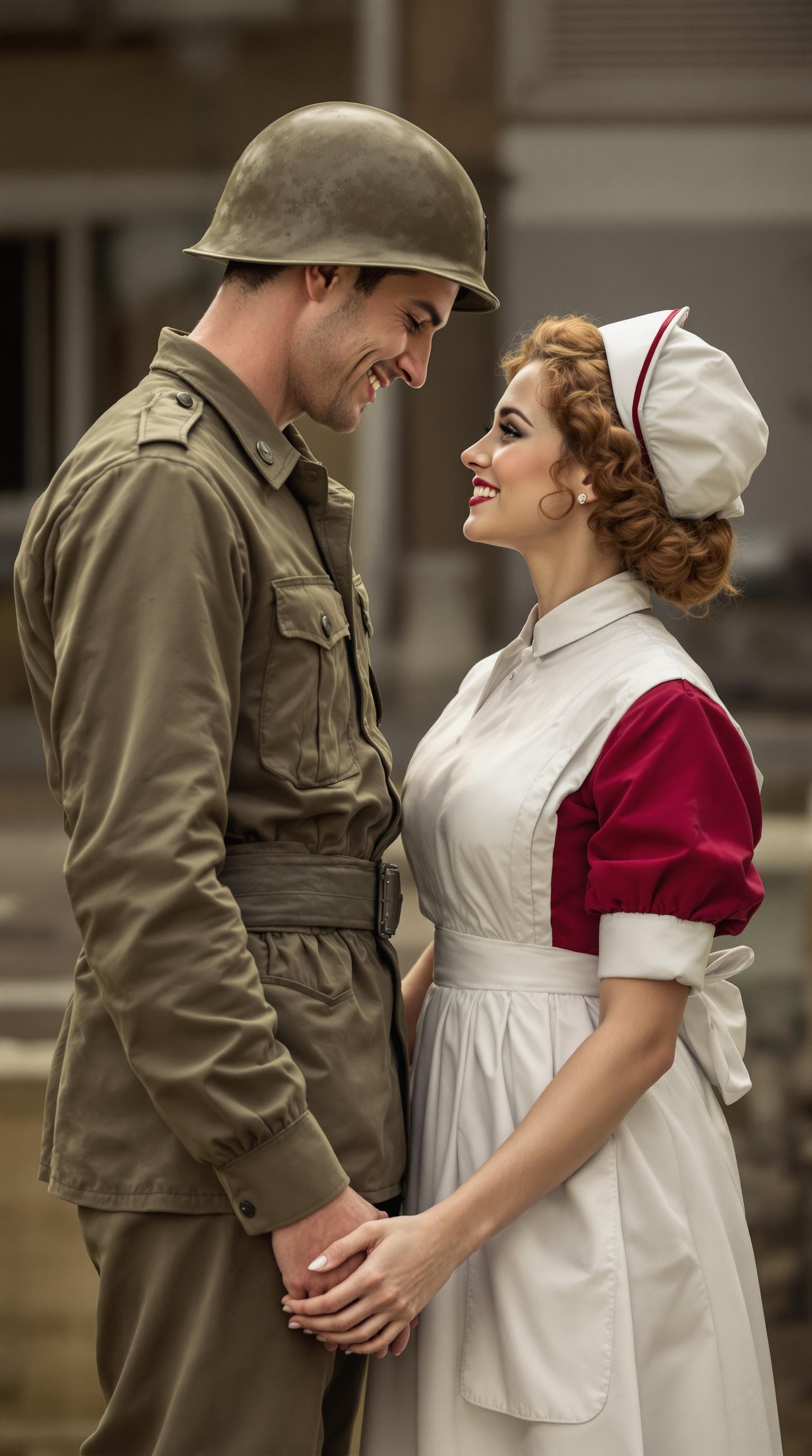 AI generated: "A World War II soldier and a nurse sharing a tender moment before he leaves for battle. He wears a ...