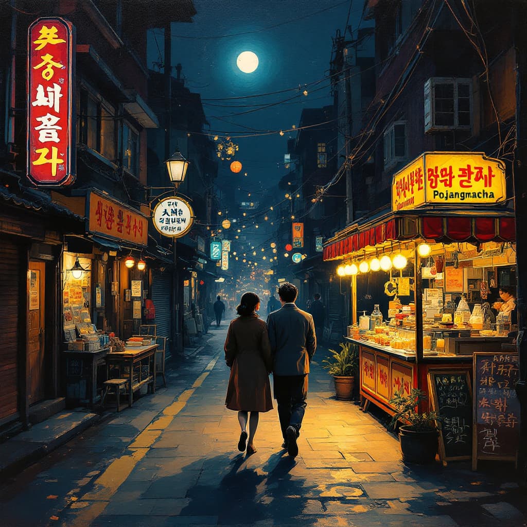 AI generated: oil painting of a 1970s Korean night street with pojangmacha (street food tent), in the style of Sar...