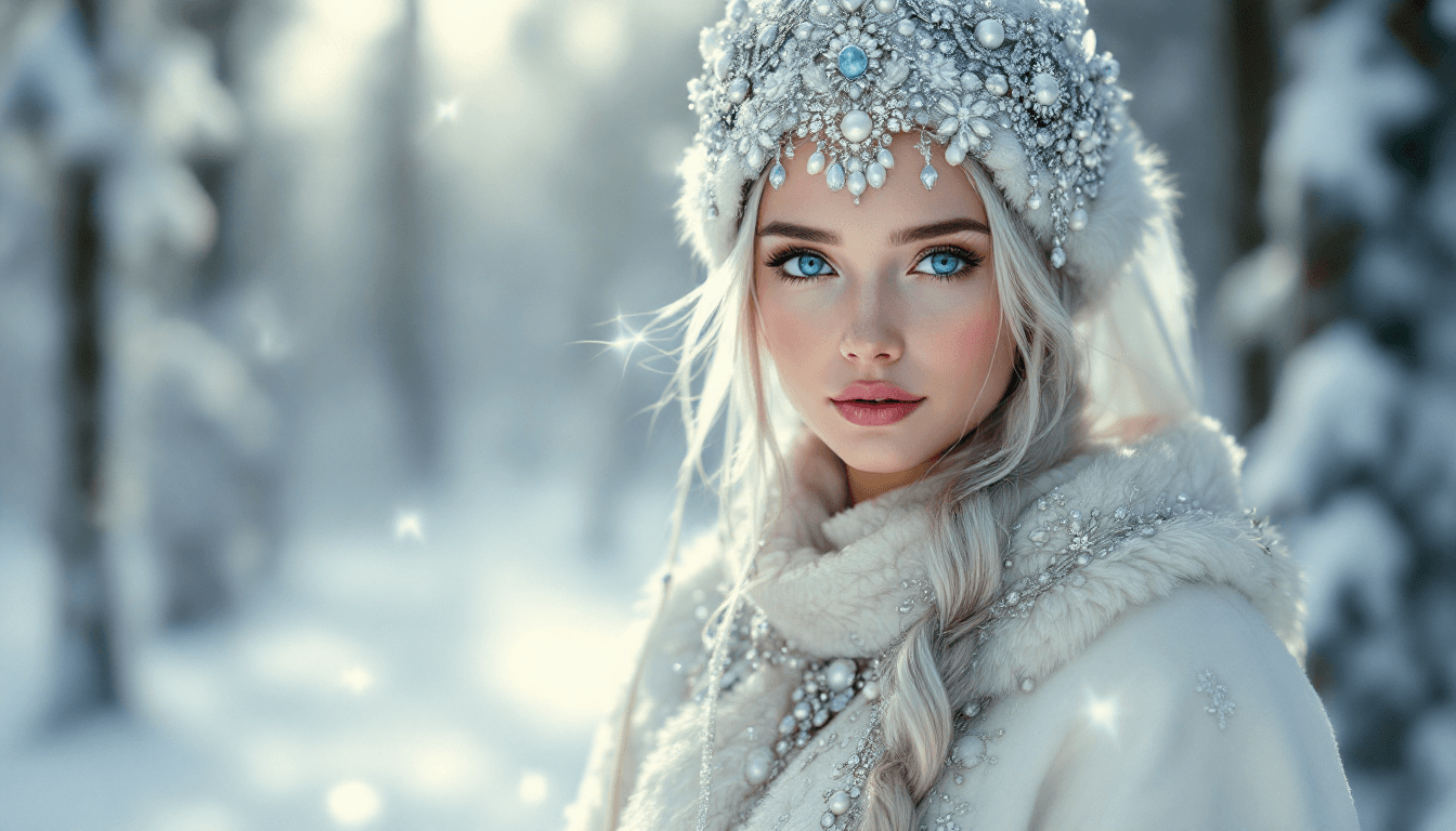 AI generated: A girl in the image of the Snow Maiden, in a kokoshnik embroidered with pearls and silver, with blue...
