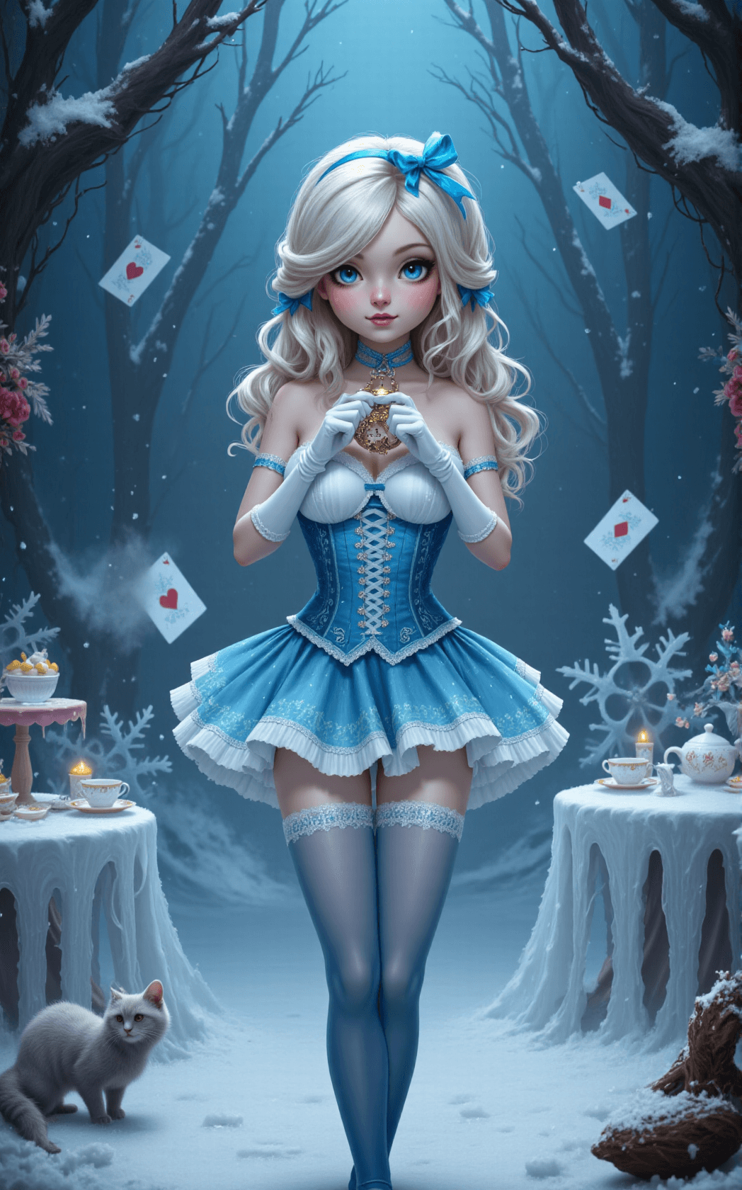 AI generated: Alice stands at the center of a frozen Wonderland, instantly recognizable by her long platinum-blond...