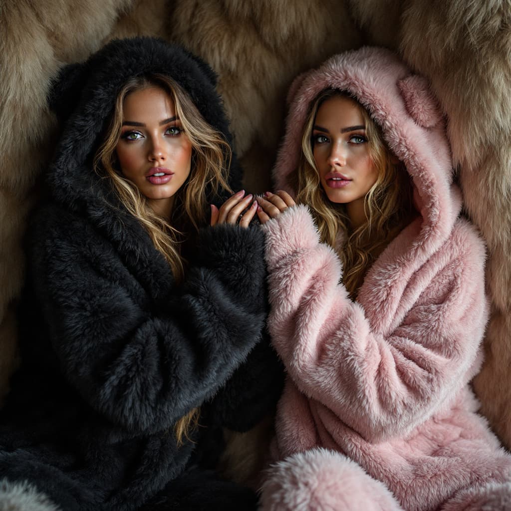 AI generated: fur room with beautiful women hands tied and gagged in fluffy teddyfleece suits