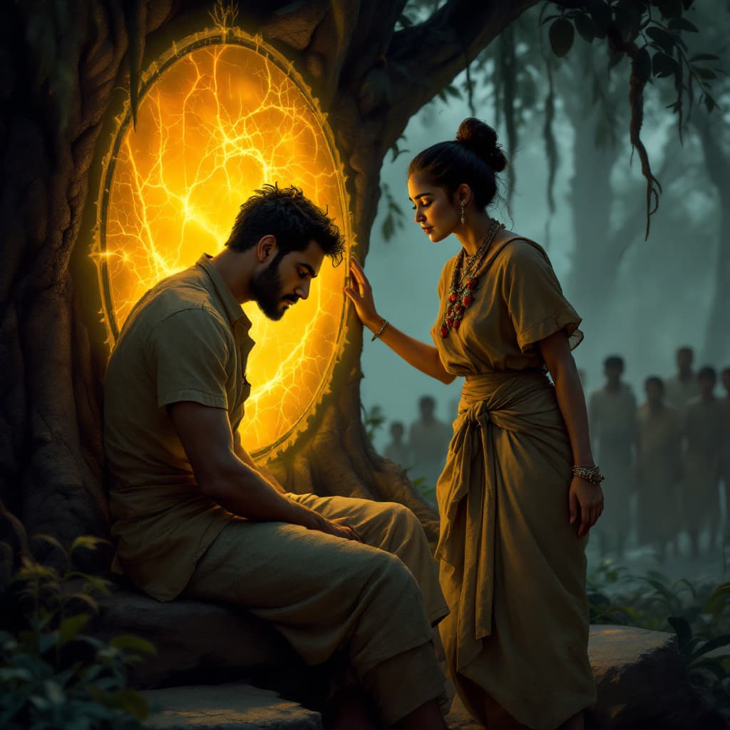 AI generated: The village bully sits on a stone near the banyan tree, head lowered, visibly shaken after seeing hi...