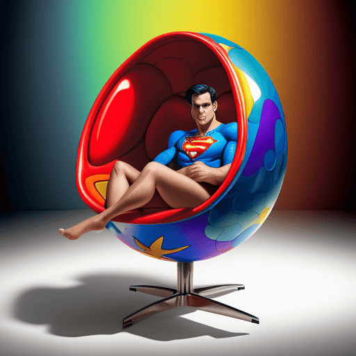 AI generated: Product photography, a colorful egg chair with superman pattern on it, in the style of esteban vicen...