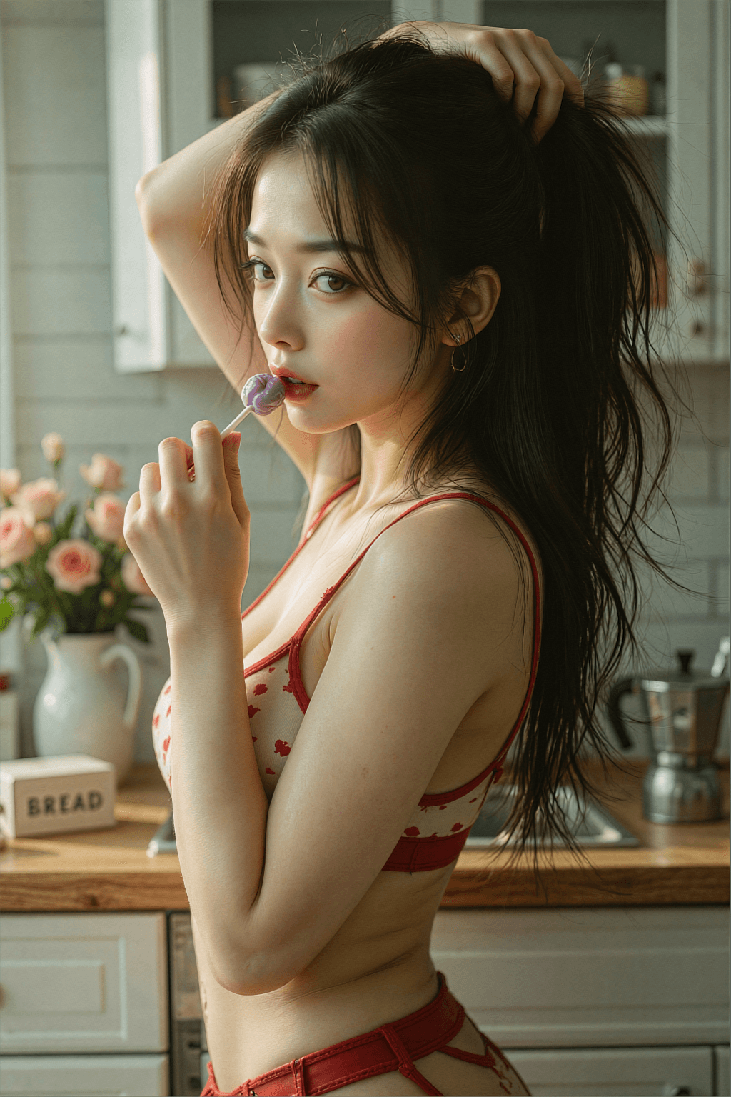 AI generated: A vertical ultra-realistic masterpiece photograph of a beautiful young woman in a bright, cozy kitch...