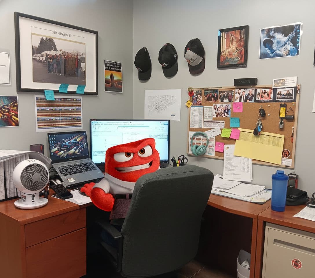 AI generated: Create a new image with the red character in an office setting, use the office picture as reference ...