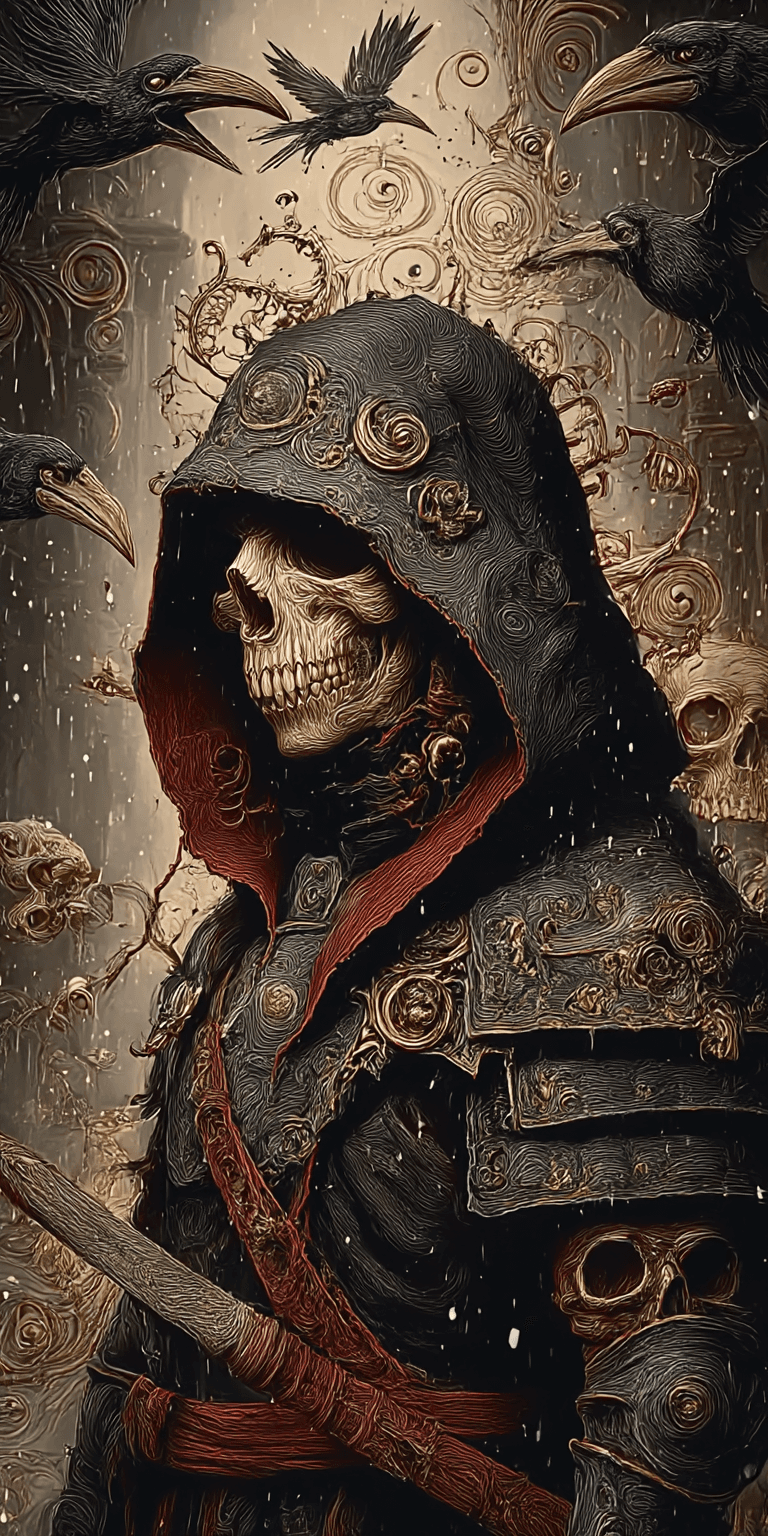 AI generated: A skeleton in black armor and a hooded cloak, holding an iron sword adorned with skulls, surrounded ...