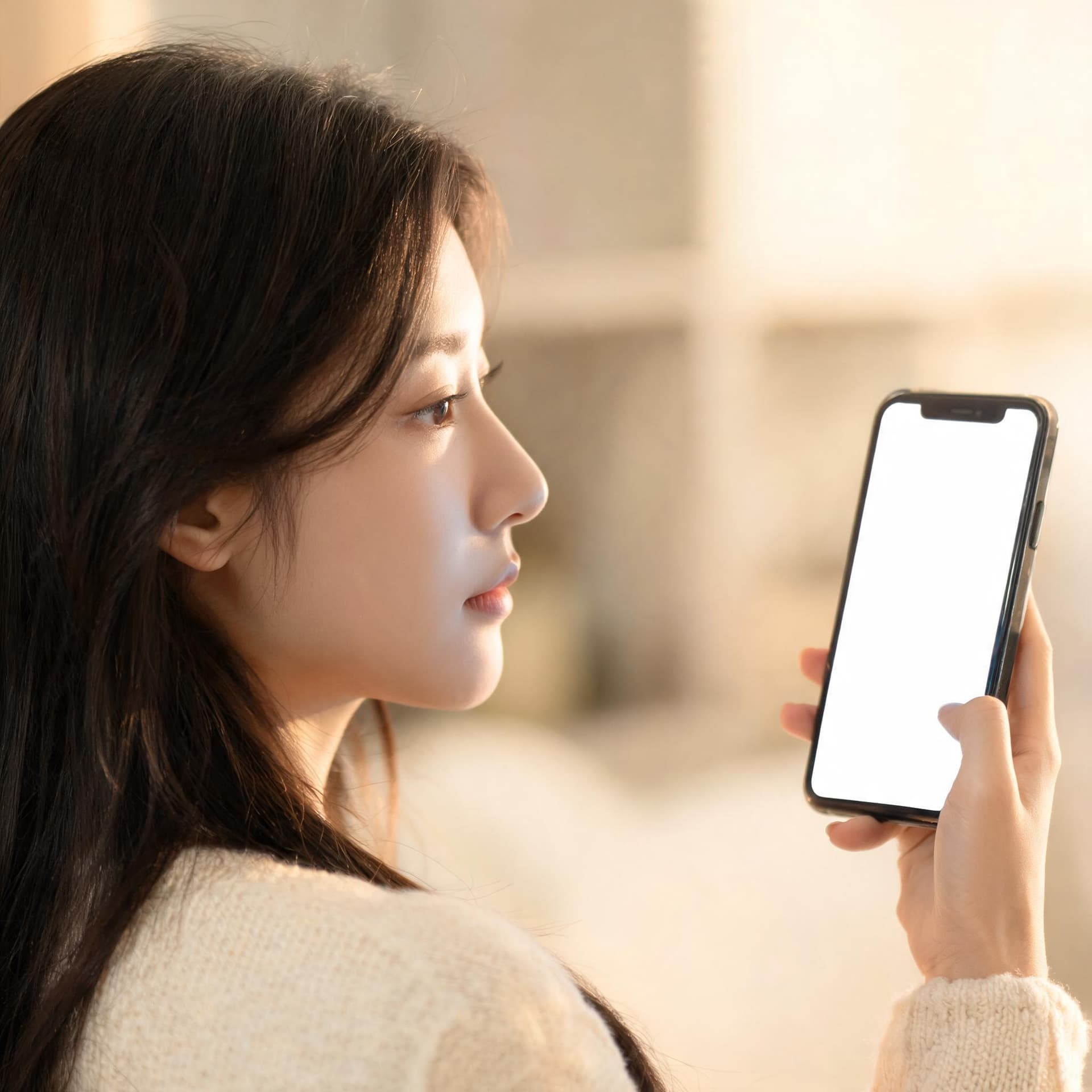 AI generated: side profile of a young woman in her 20s holding a smartphone, both her side profile and the smartph...